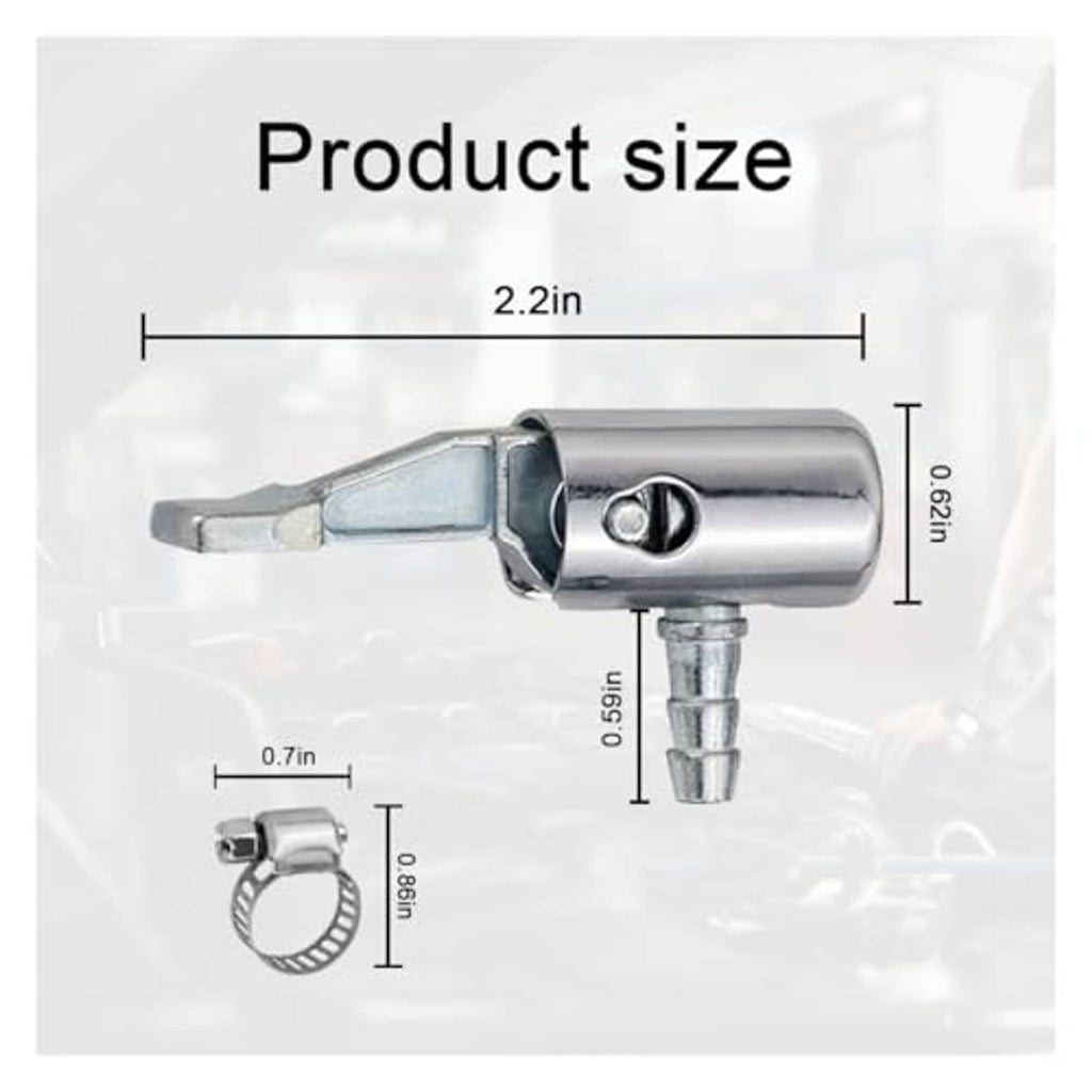 Metal air chuck nozzle with dimensions, lock-on connection and hose fitting