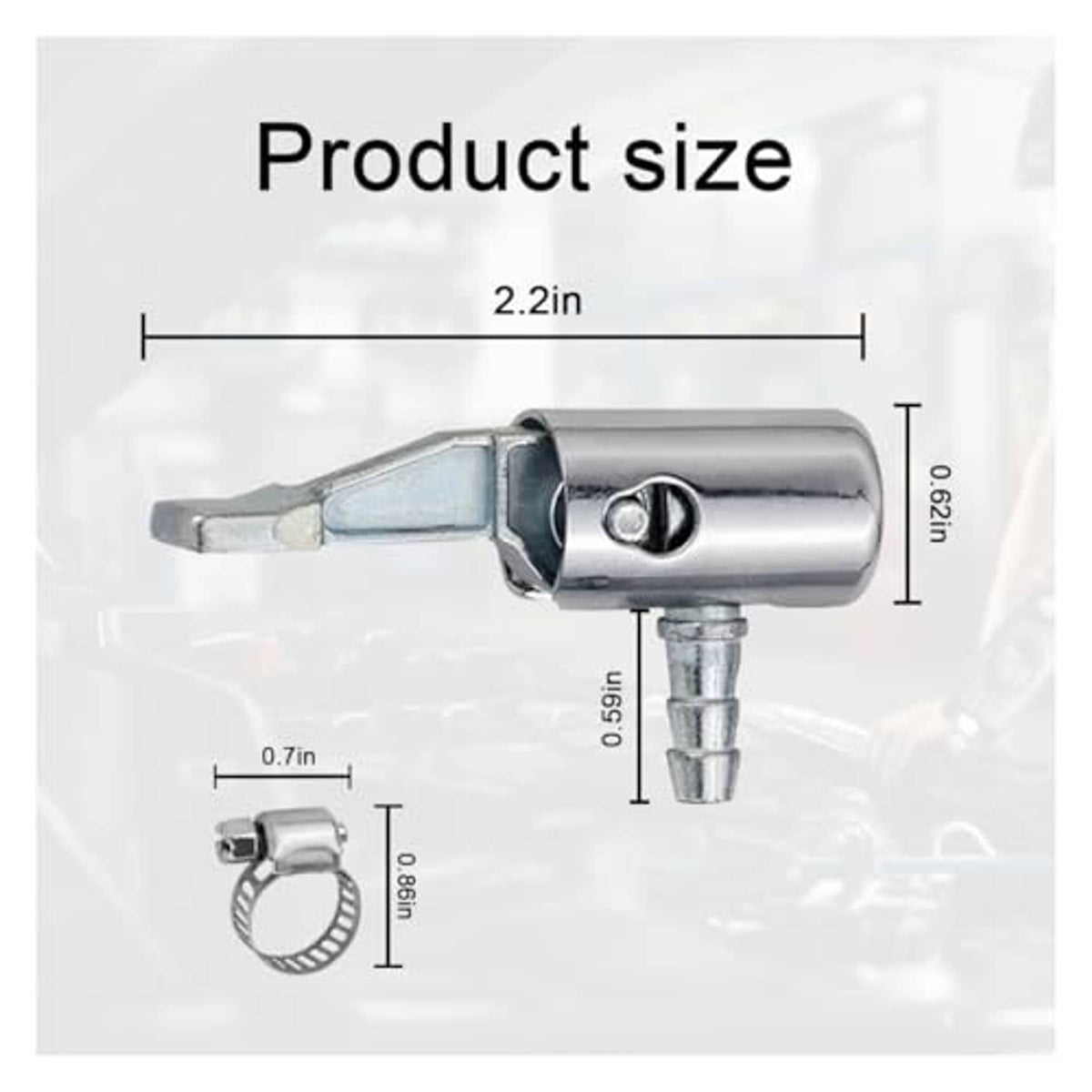 Metal air chuck nozzle with dimensions, lock-on connection and hose fitting
