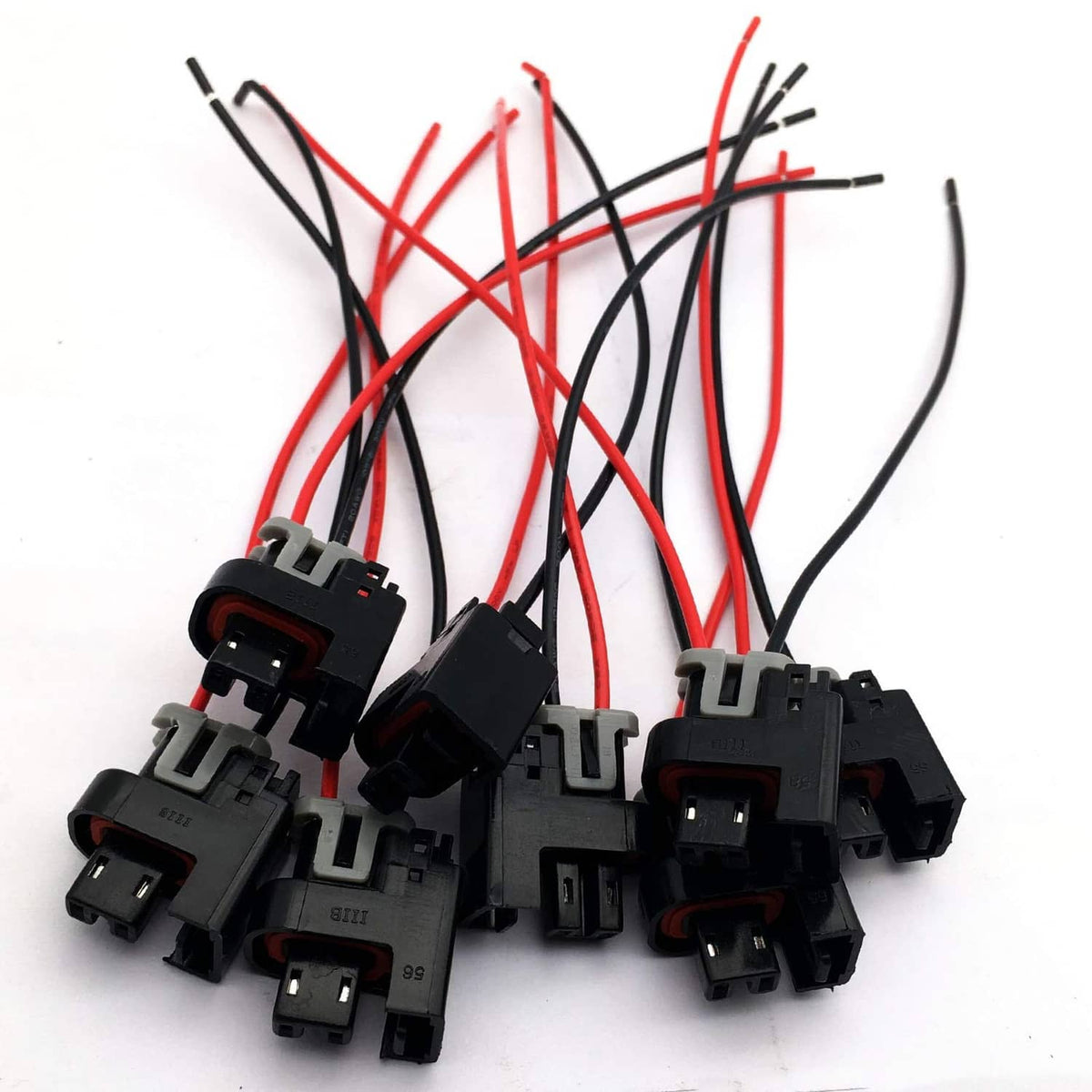 Fuel injector connector assortment with black plugs and red/black wire leads