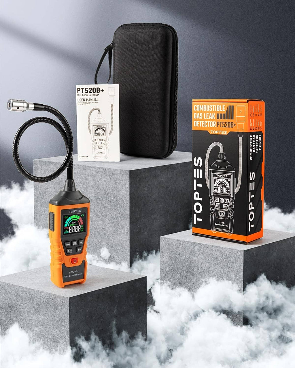 Gas leak detector kit with orange detector, flexible probe, black case, and retail box