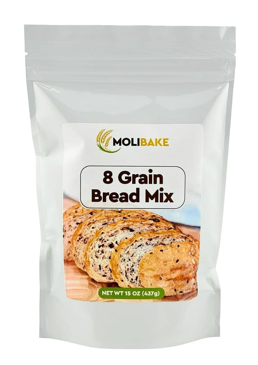 Molibake 8 grain bread mix pouch, white bag with front label and bread loaf photo