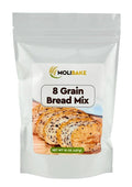Molibake 8 grain bread mix pouch, white bag with front label and bread loaf photo