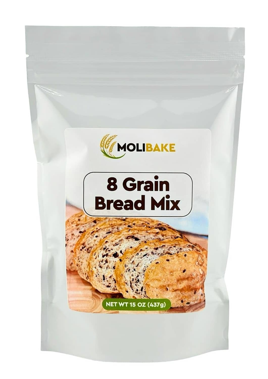 Molibake 8 grain bread mix pouch, white bag with front label and bread loaf photo