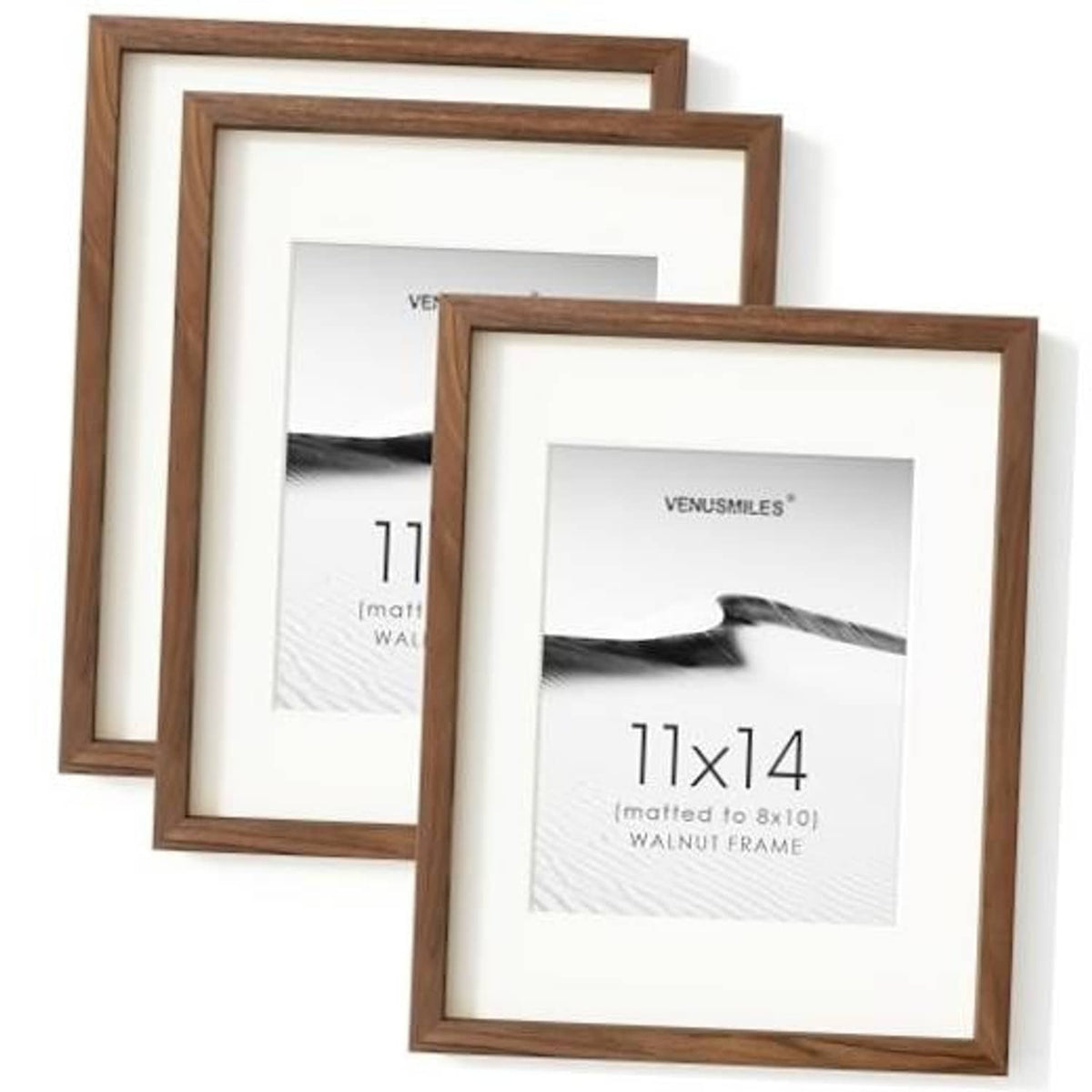 Walnut wood 11x14 picture frame set of 3 with white mat and glass front