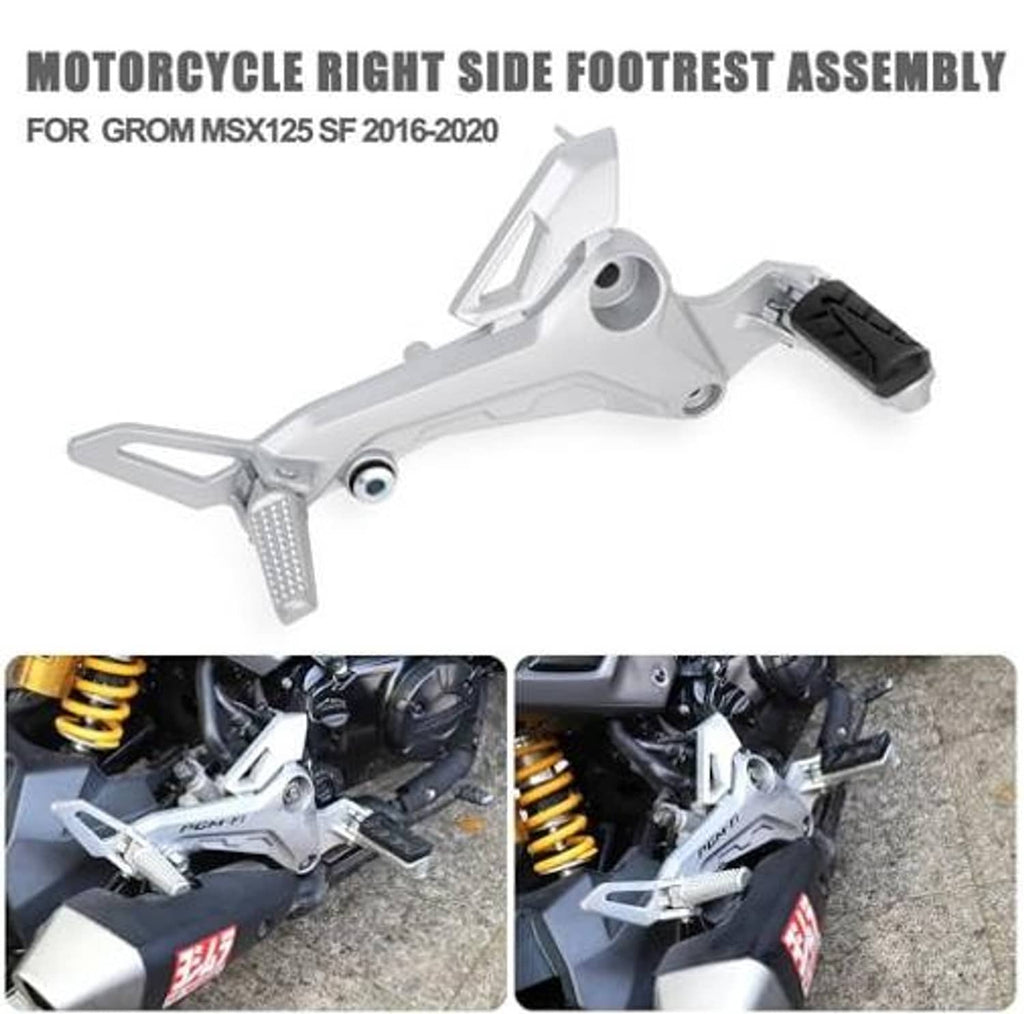 Motorcycle right-side footrest assembly, silver bracket with black rubber pedal
