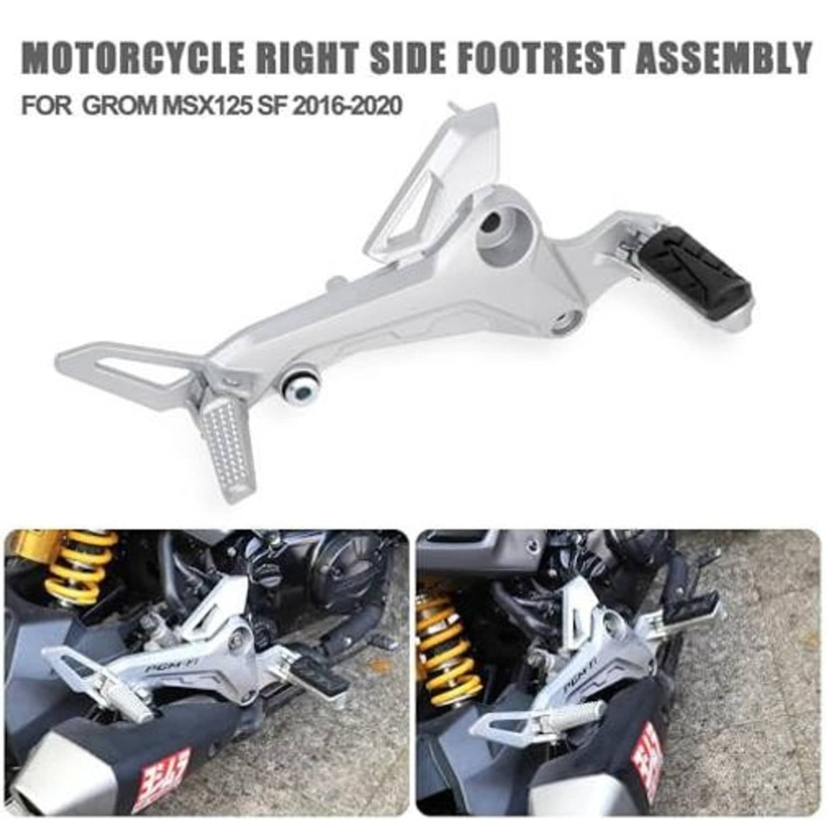 Motorcycle right-side footrest assembly, silver bracket with black rubber pedal