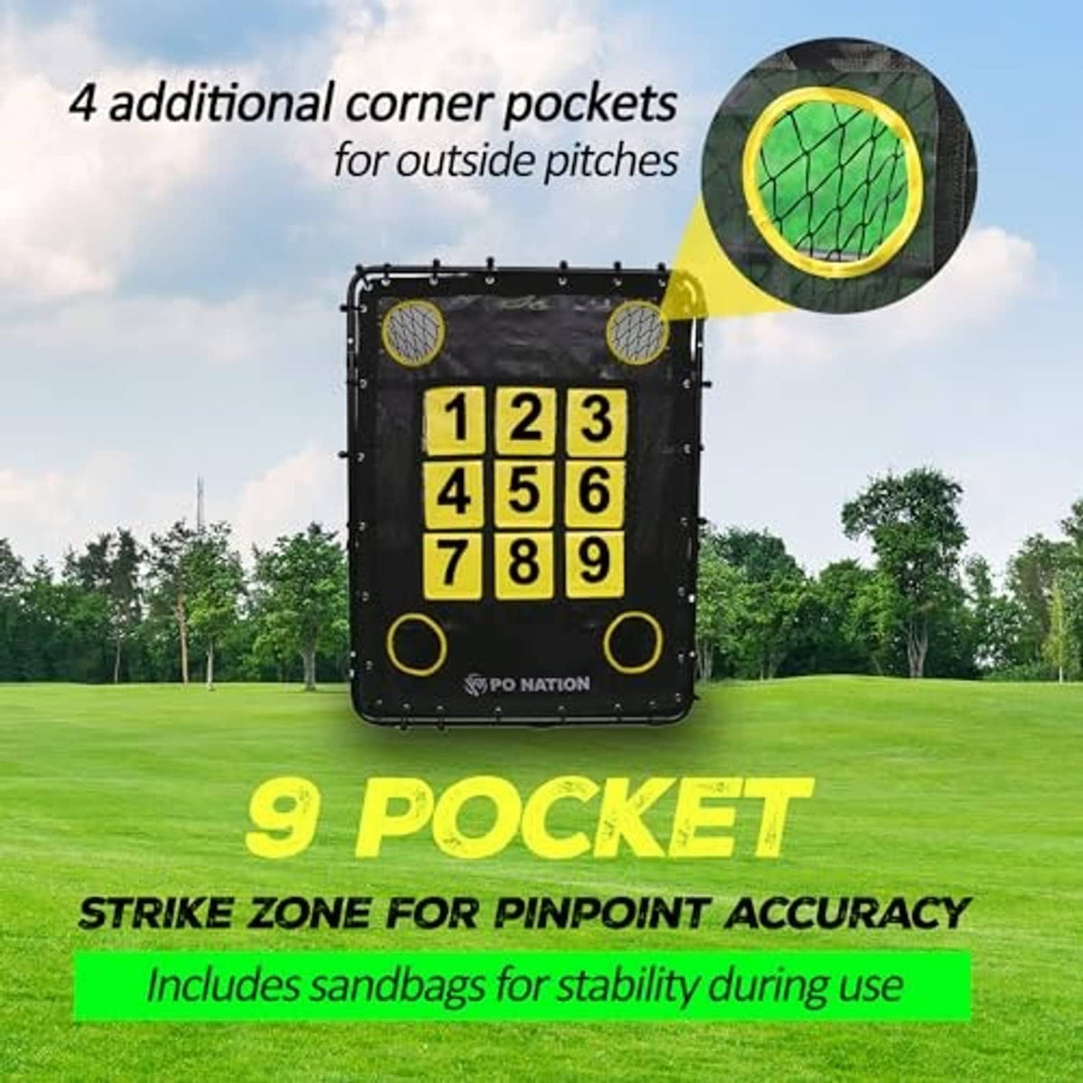 Baseball strike zone net target with yellow 1–9 grid and round side pockets
