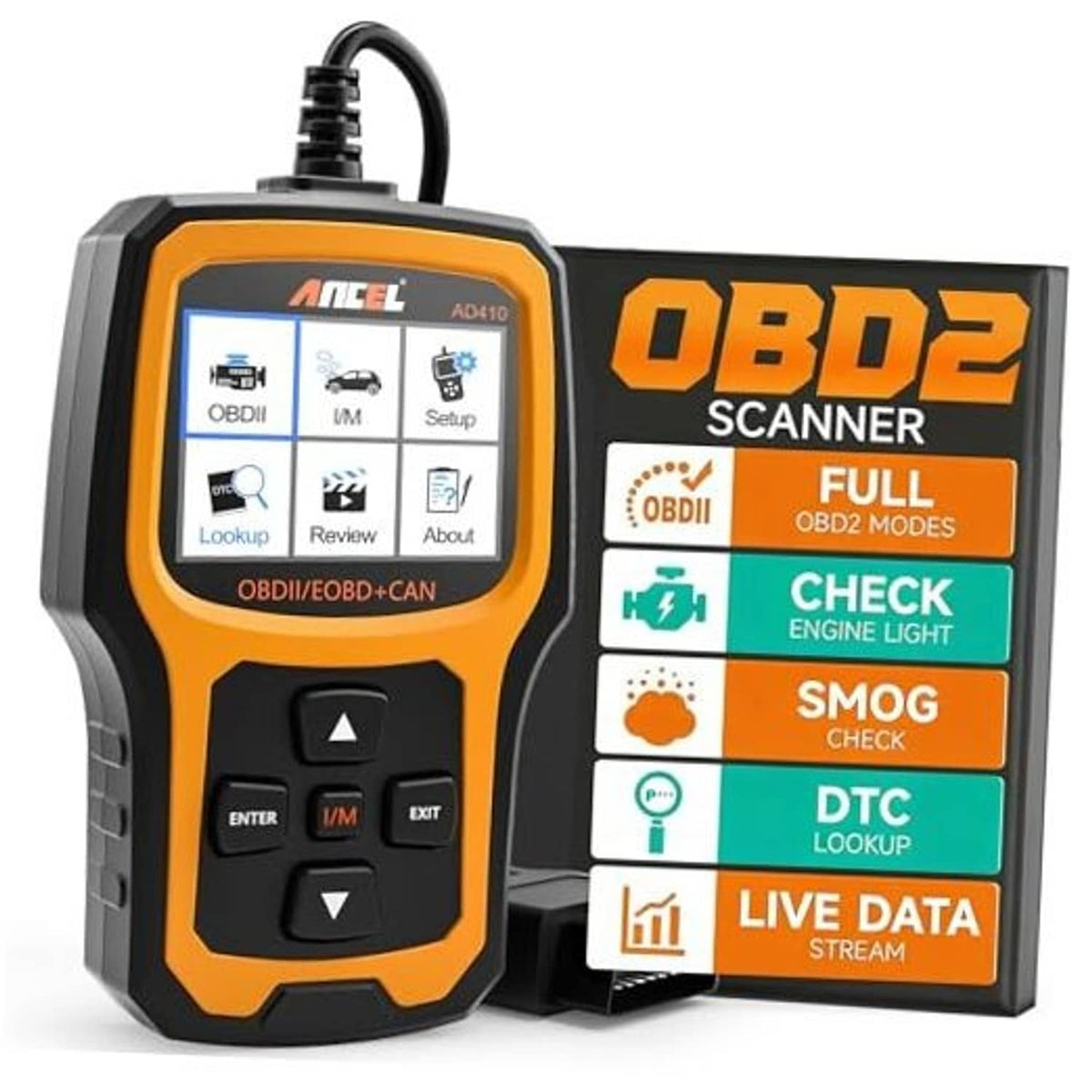 ANCEL AD410 OBD2 scanner with orange-and-black housing, lit screen, and cable on top
