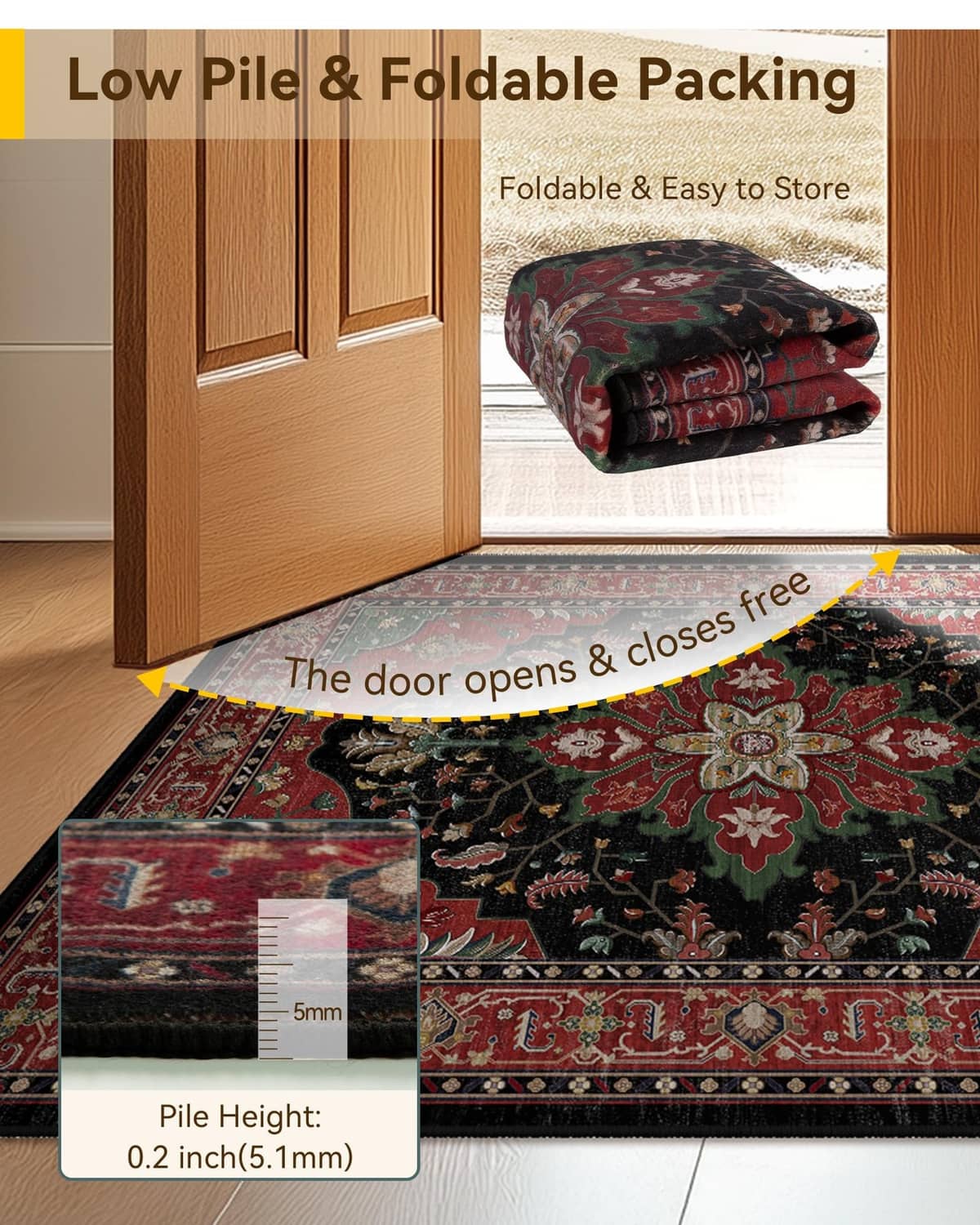 Square area rug with red and black vintage design; shown folded for easy storage