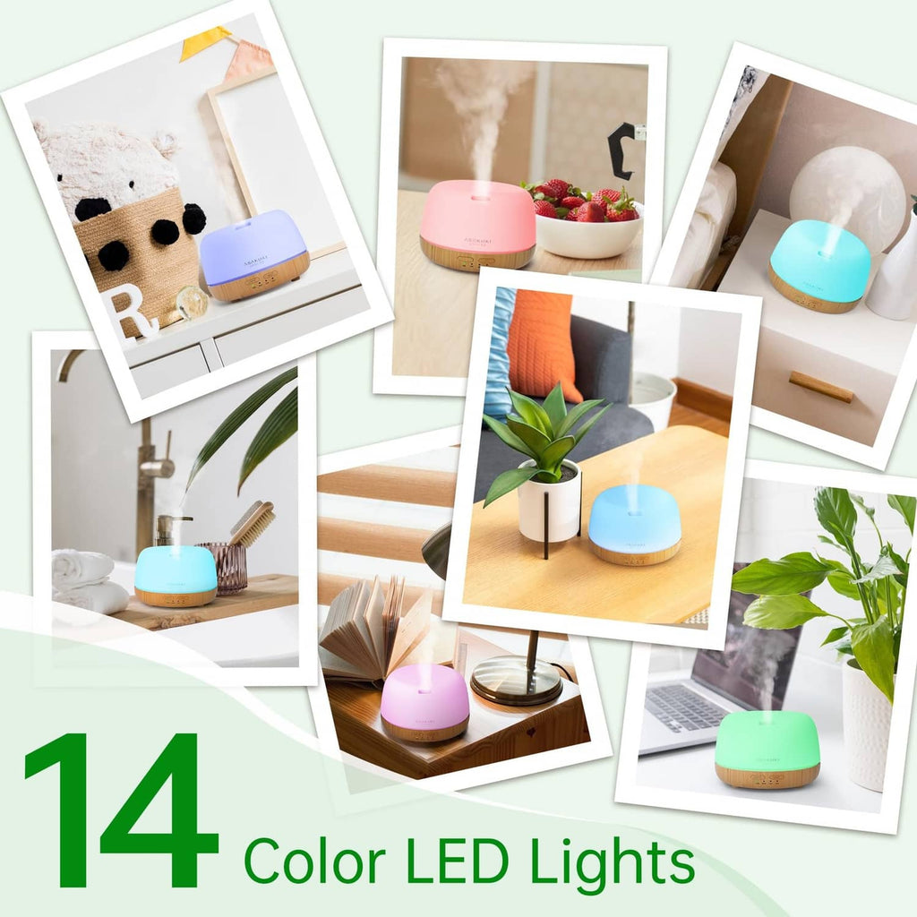 Set of ASAKUKI color LED diffusers, small white-and-wood units in multiple colors