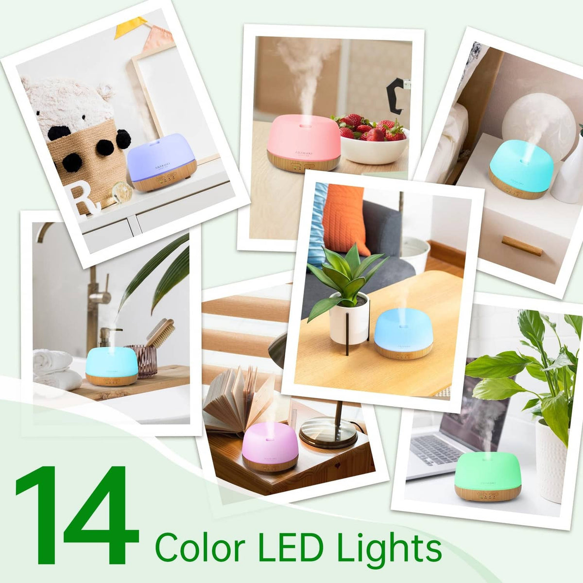 Set of ASAKUKI color LED diffusers, small white-and-wood units in multiple colors