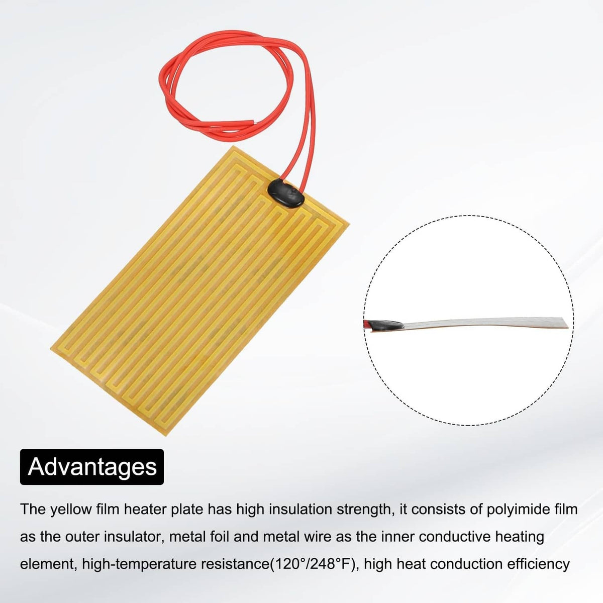 Yellow heater film heating plate with red wire lead and connector close-up