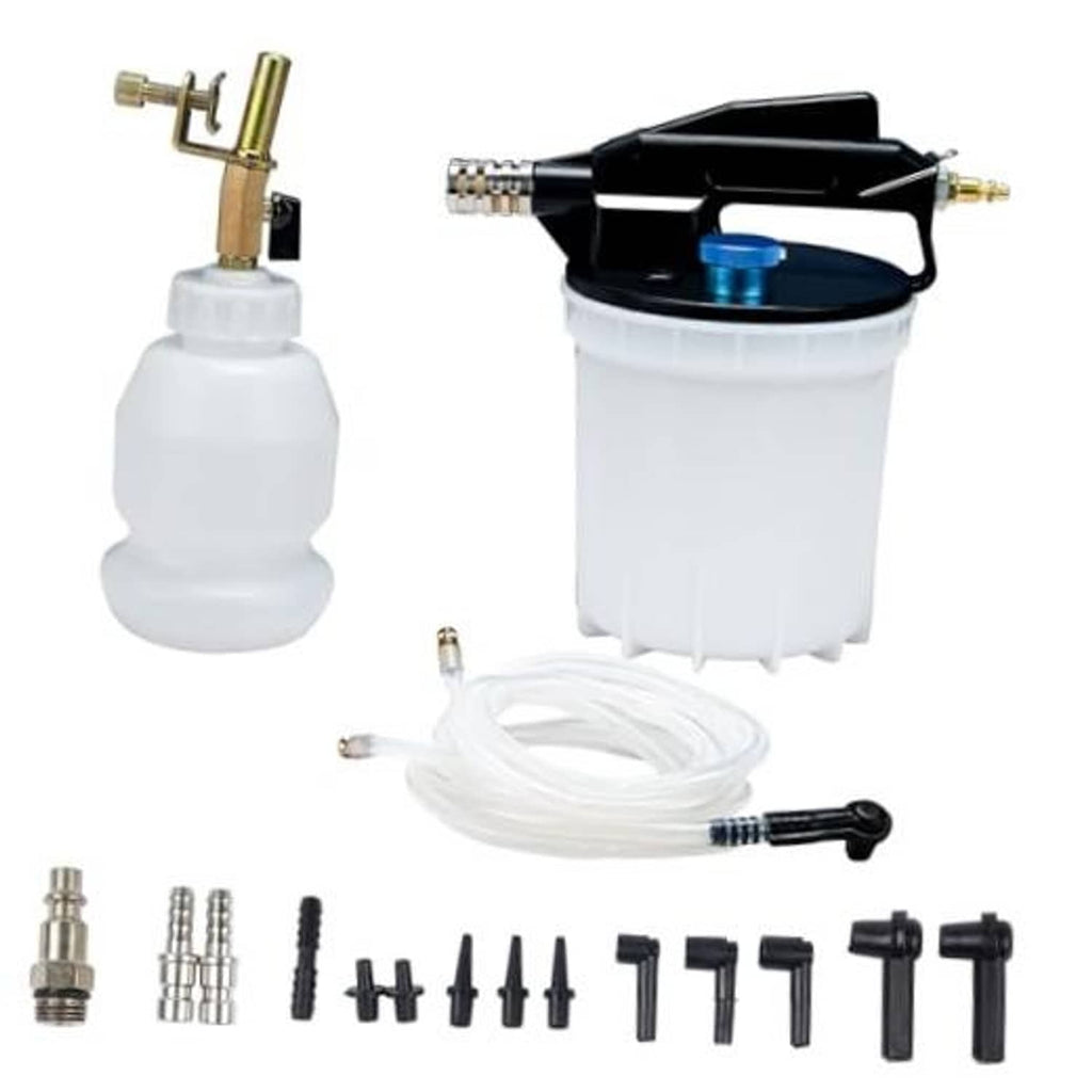 Vacuum brake bleeder kit with white reservoir, black top, blue valve, and hose