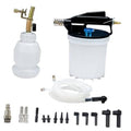 Vacuum brake bleeder kit with white reservoir, black top, blue valve, and hose