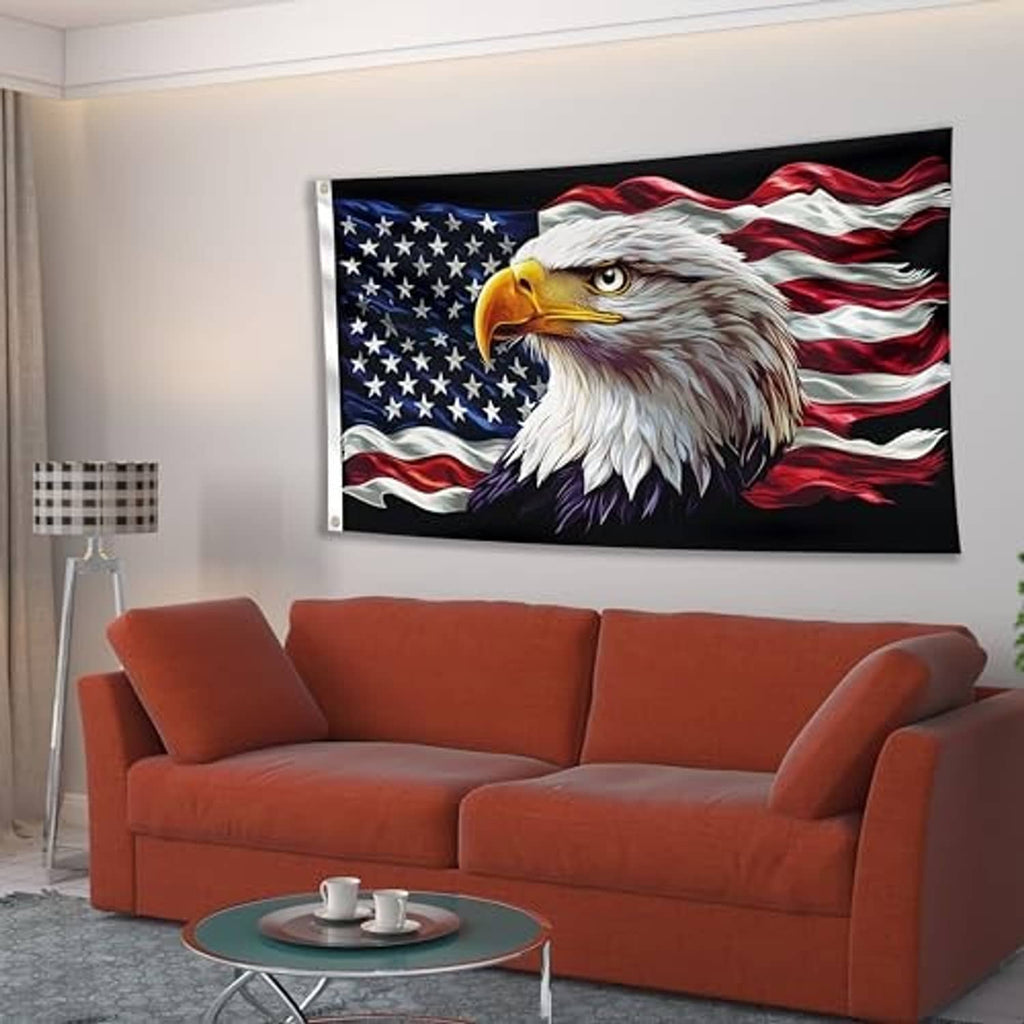 Wall-hung eagle patriotic flag with bald eagle portrait and waving stars and stripes