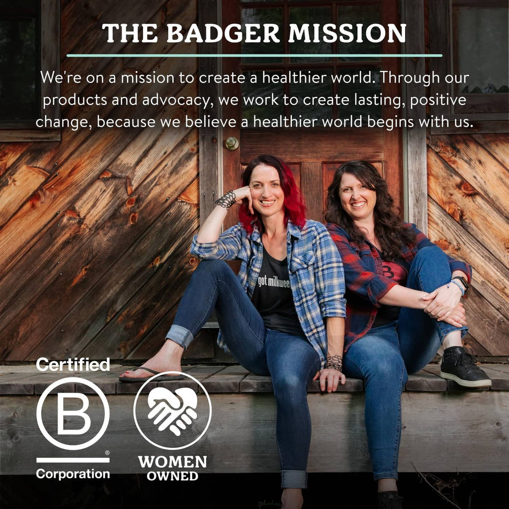 BADGER mission photo with two women on wooden bench and brand certification icons