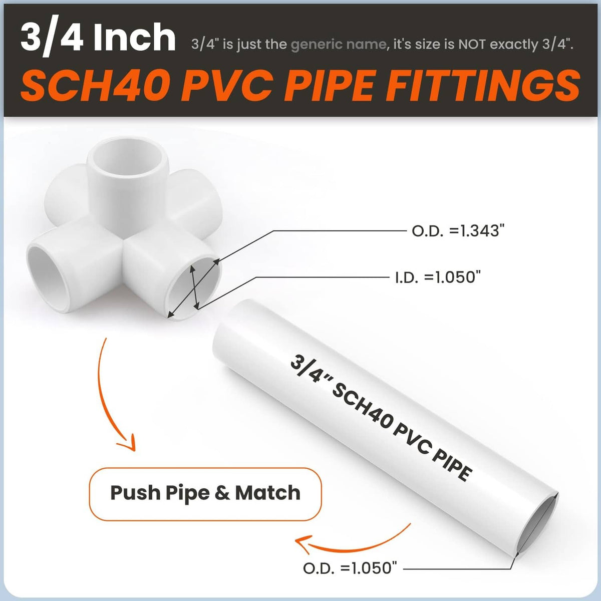 White 3/4 in PVC 4-way pipe fitting with matching pipe sleeve, push-fit design