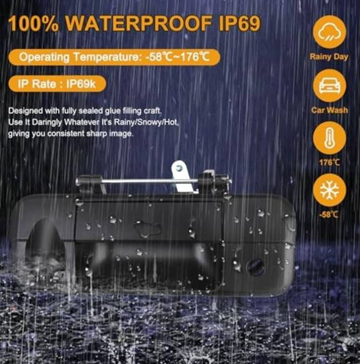 Rear tailgate handle backup camera with water droplets and sealed waterproof design