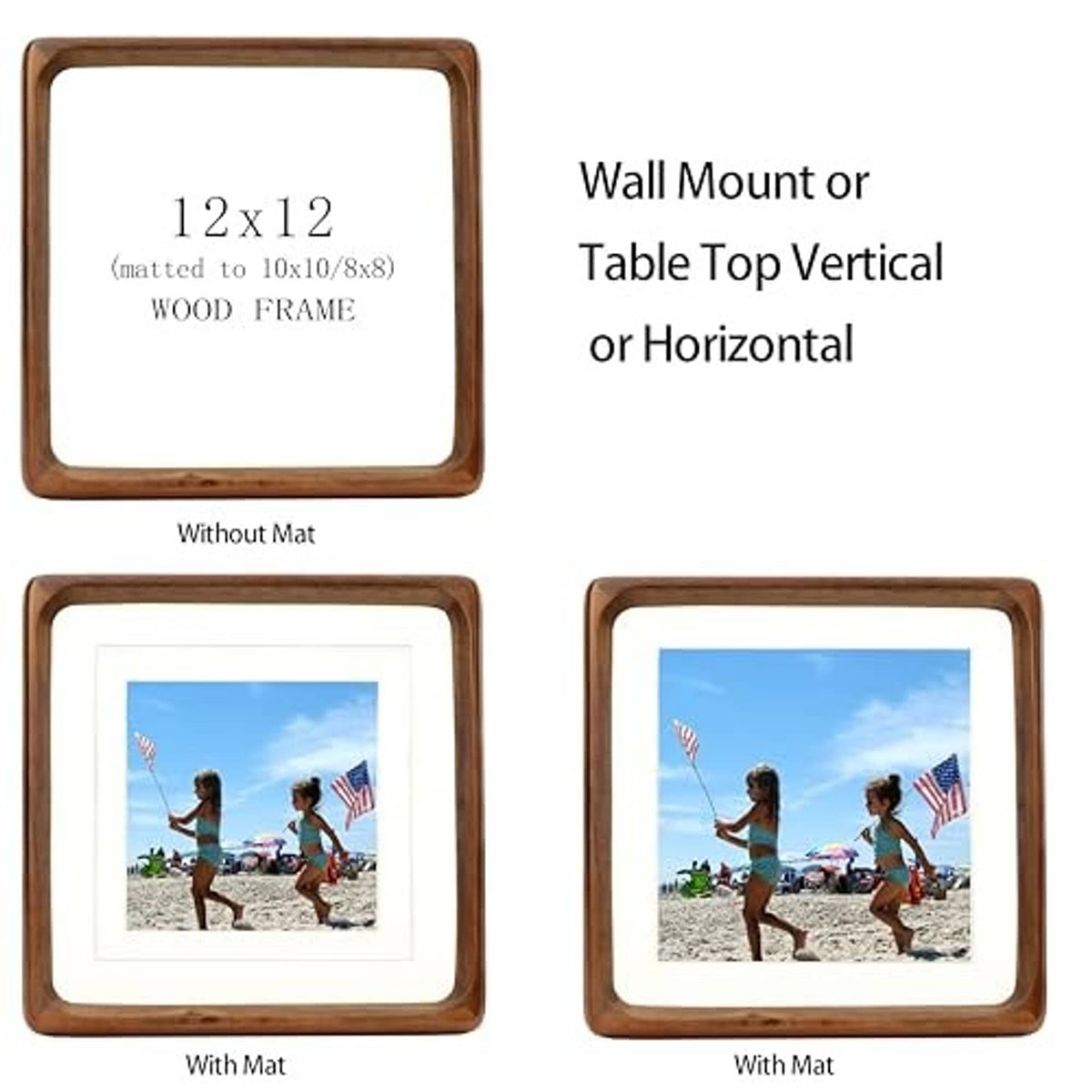 Square walnut wood picture frame set showing with and without mat, rounded corners