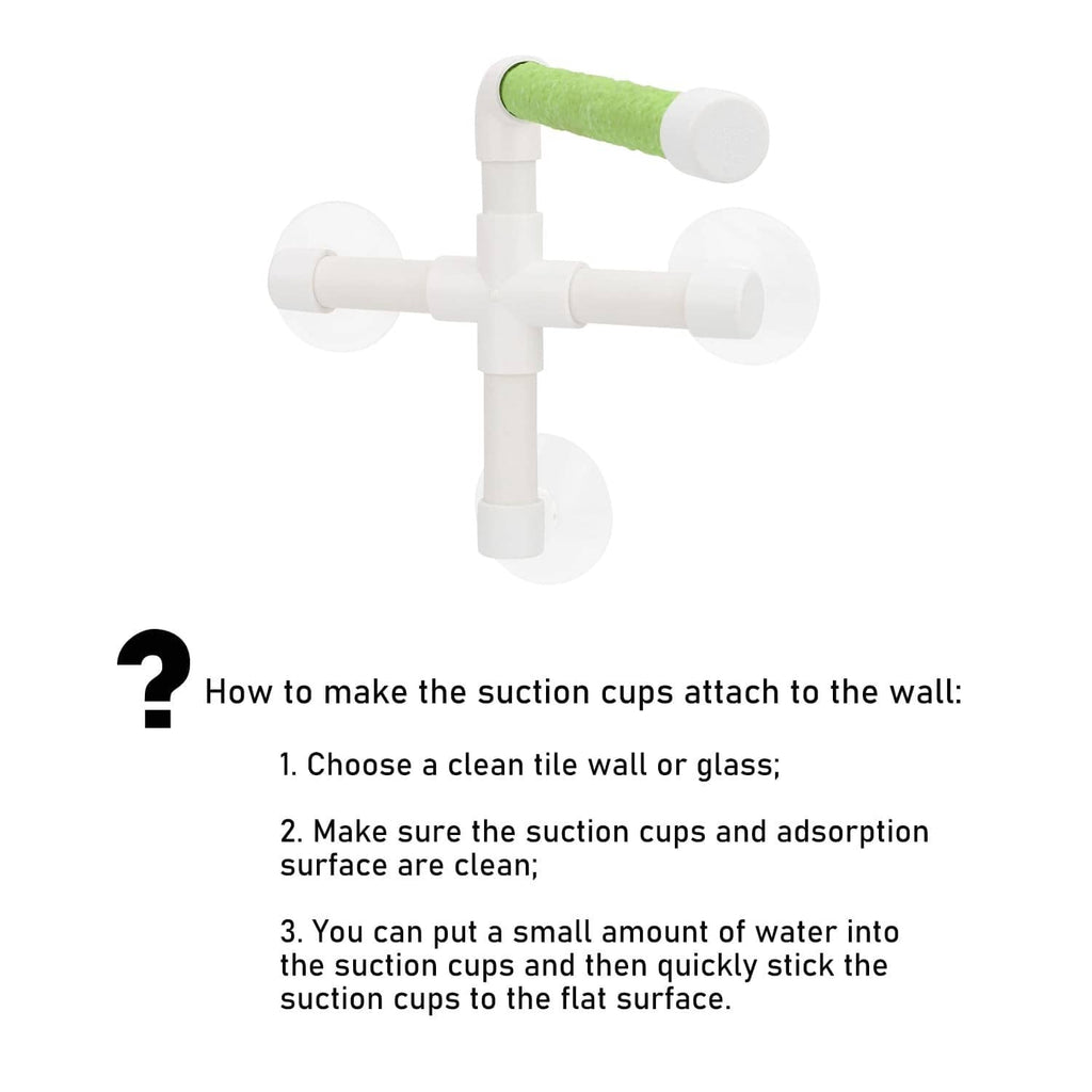 White suction cup bird window perch with green padded rod, shown without a bird.