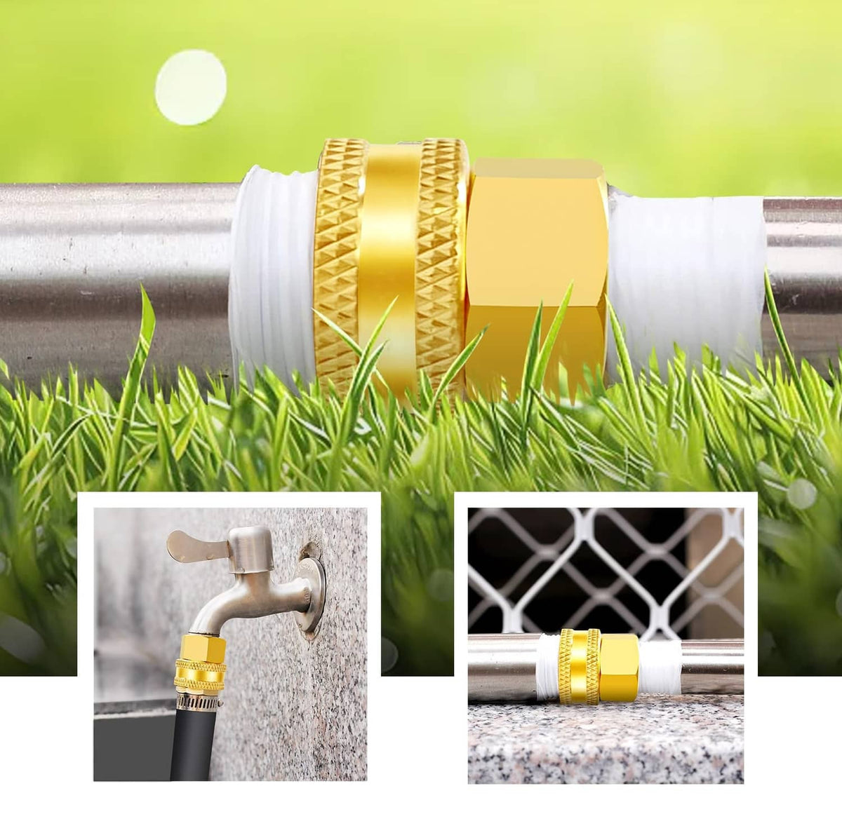 Brass garden hose connector on white hose, textured knurled grip and threaded end