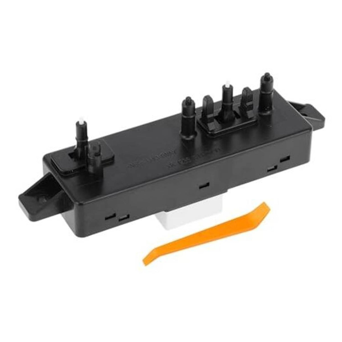 Black power seat switch module with mounting bracket, multi-pin ports, and removal tool