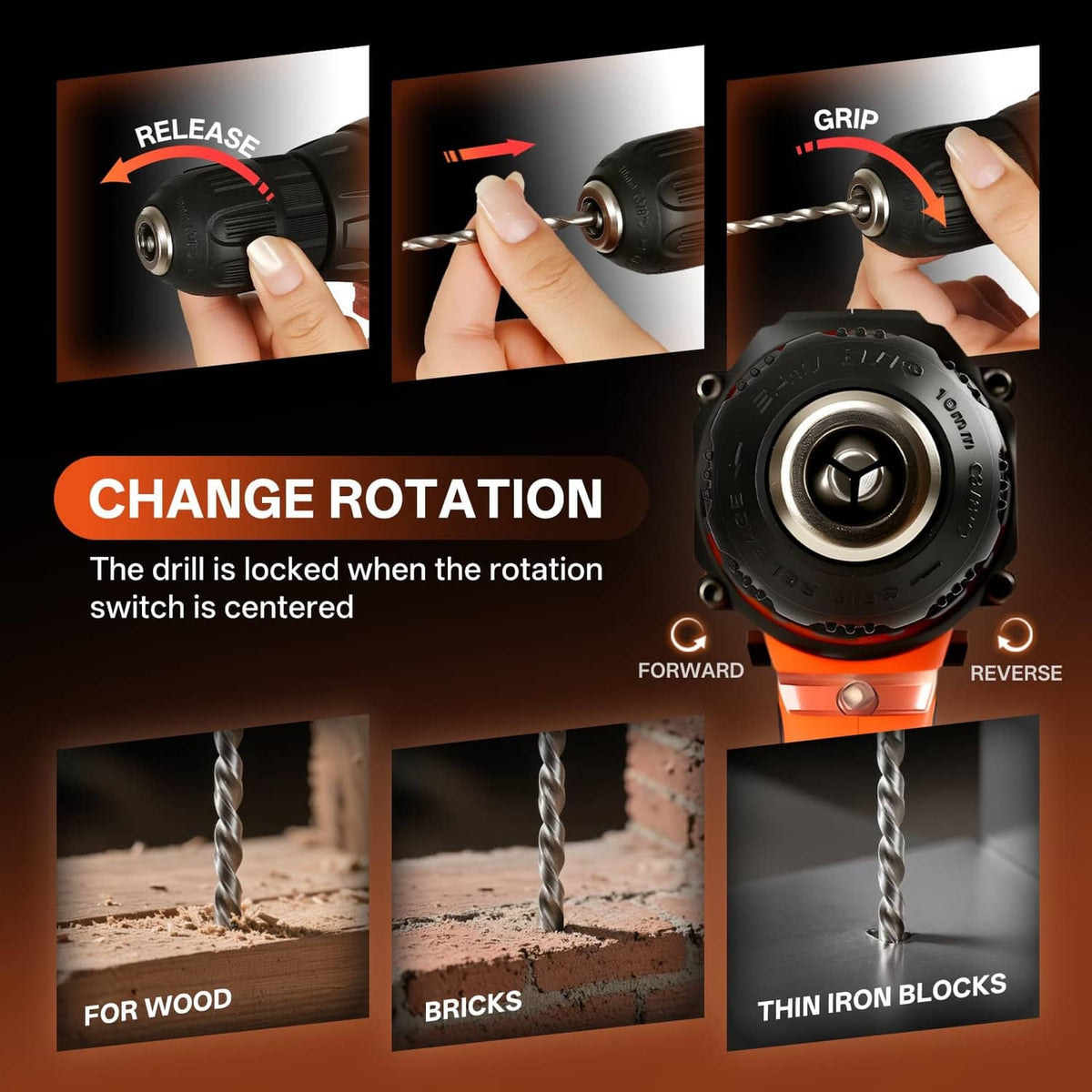 Orange and black drill driver with forward, reverse and centered rotation switch