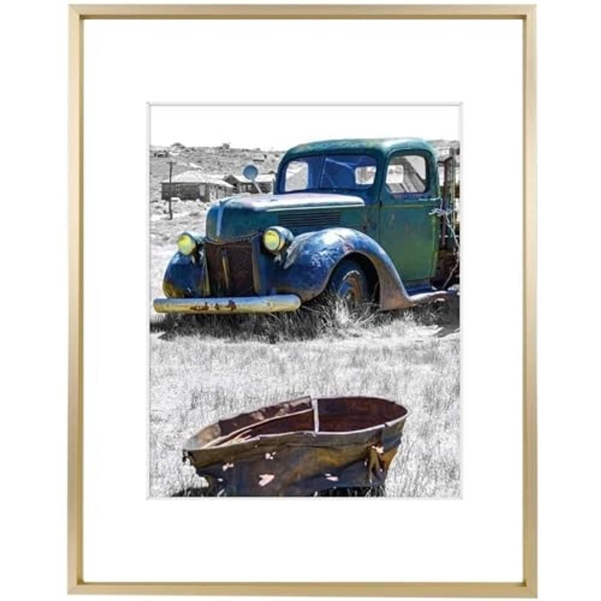 Gold 11x14 style photo frame with white mat, featuring a blue vintage car print