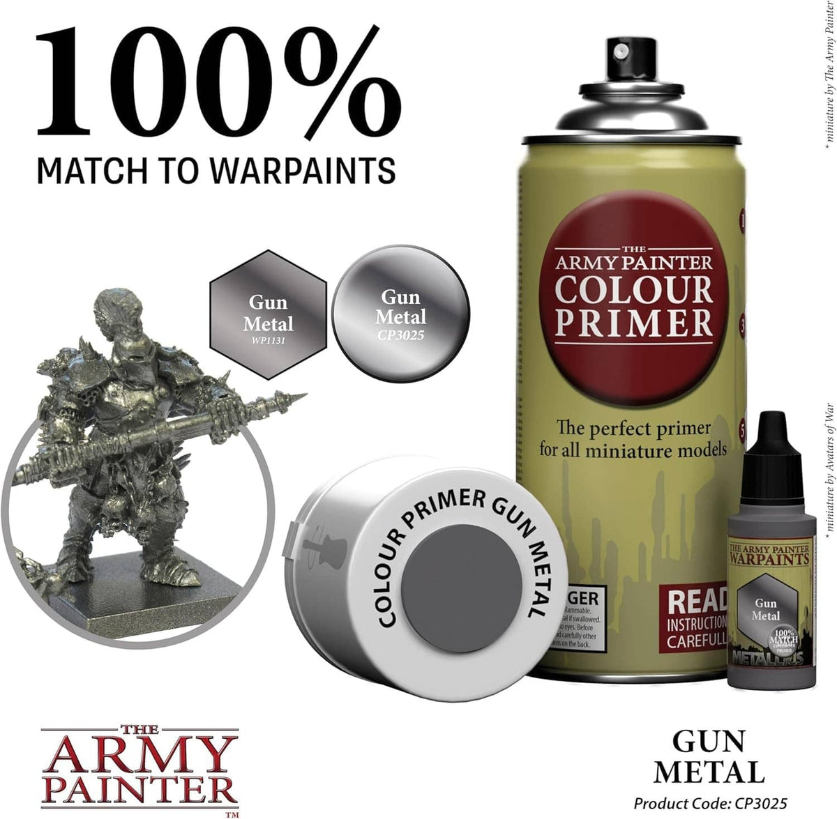 Gun metal primer spray can with primer cap and small bottle, plus gun metal swatches