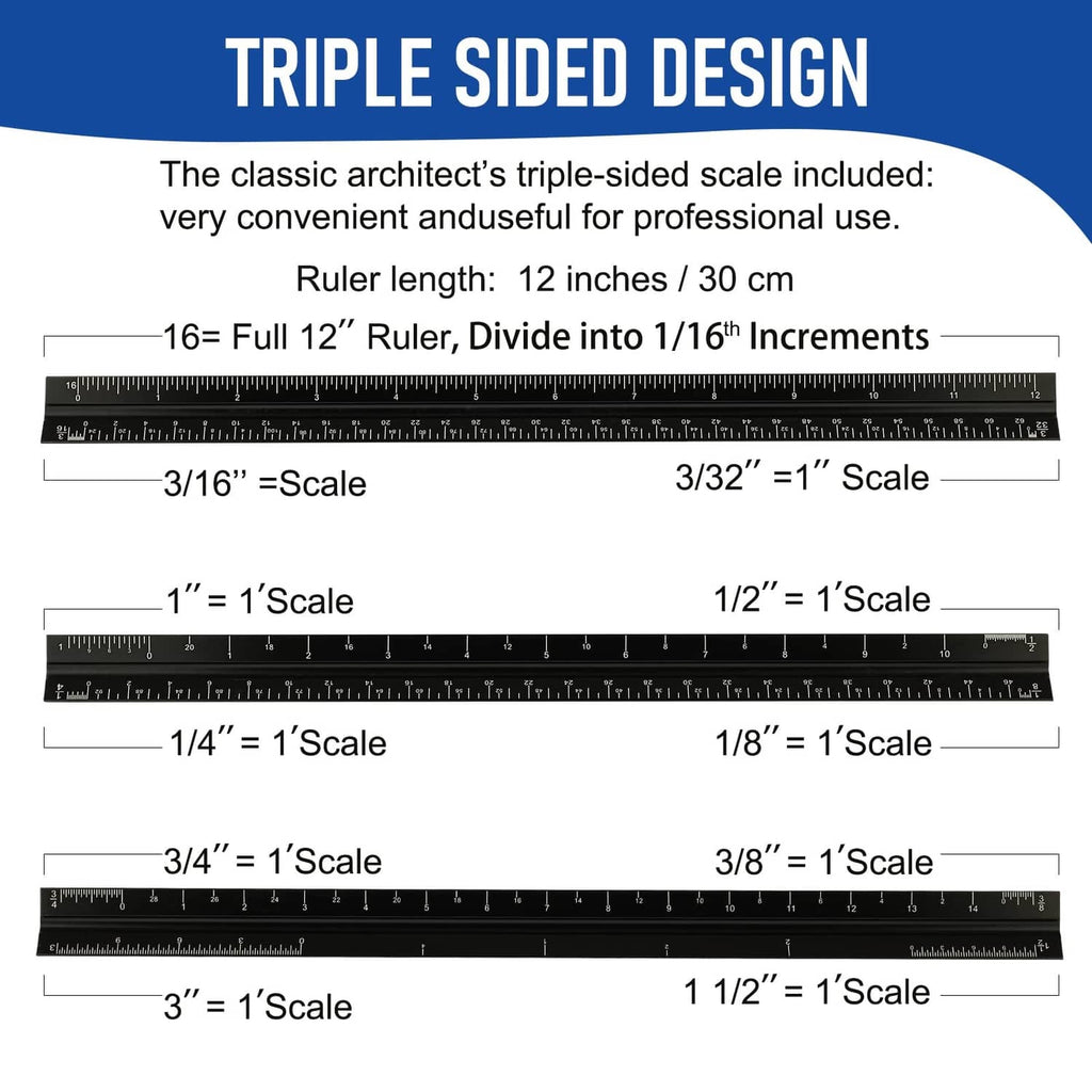 Triple-sided architectural scale ruler, 12-inch length, with 1/16 inch and 1 cm scales