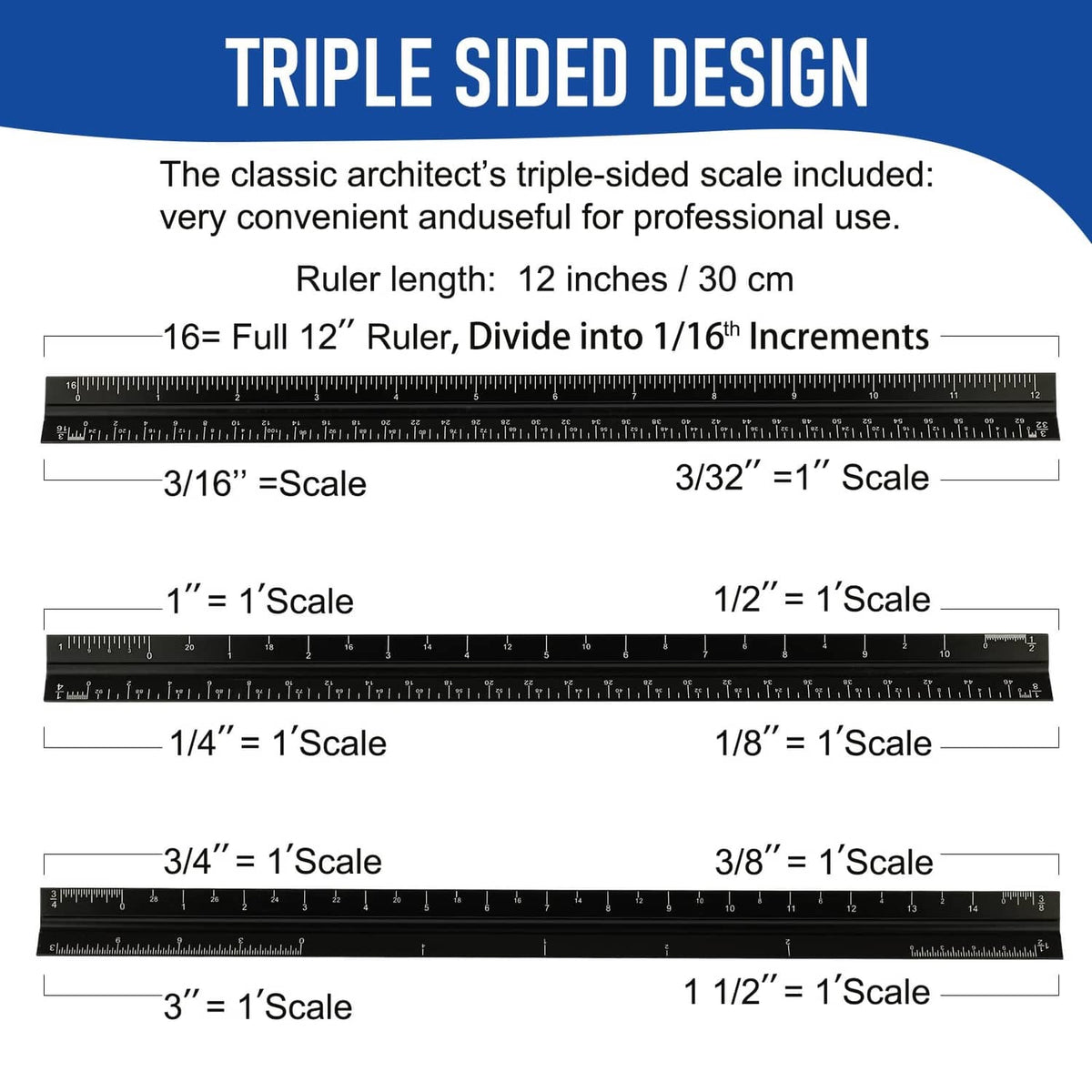 Triple-sided architectural scale ruler, 12-inch length, with 1/16 inch and 1 cm scales