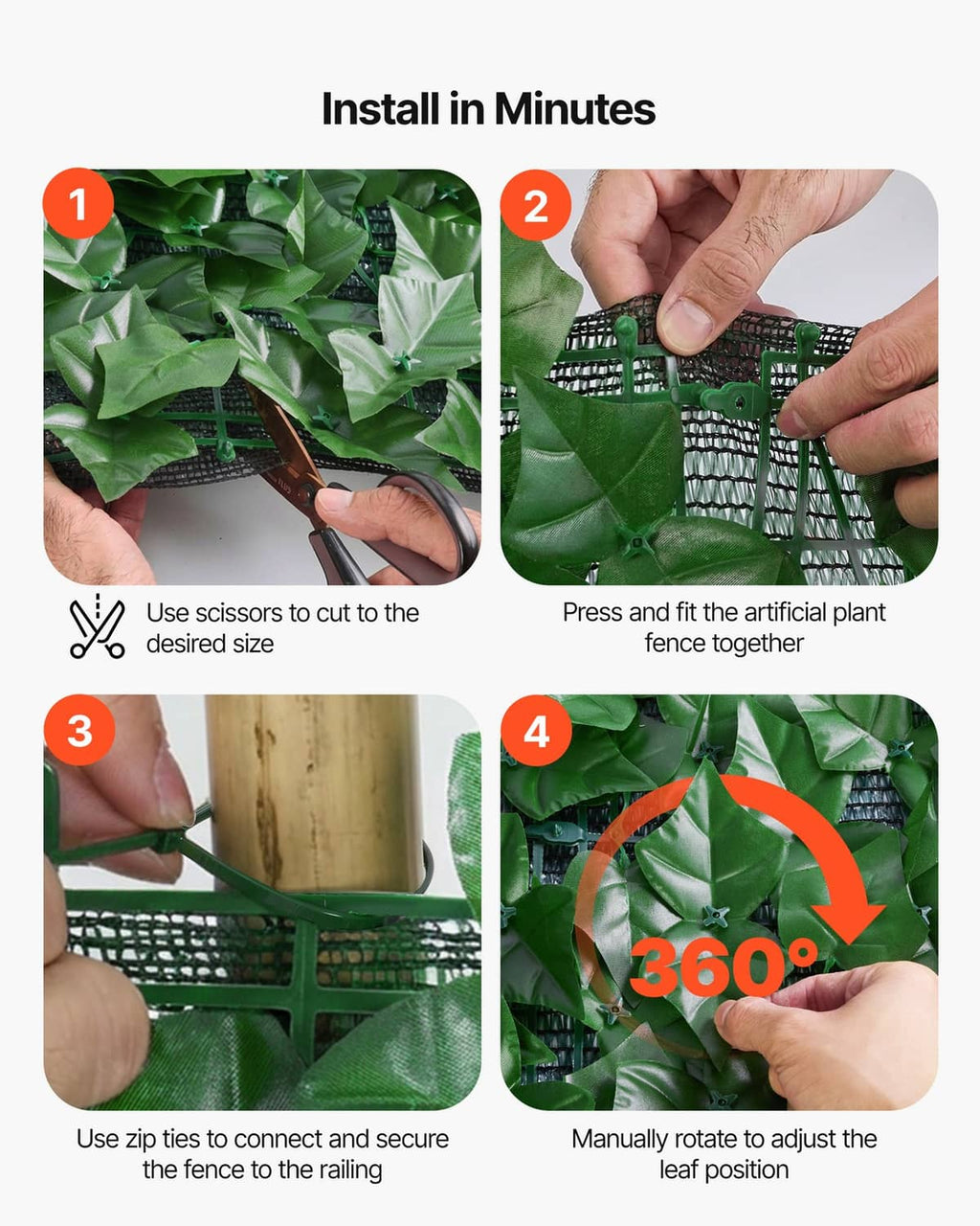 Artificial faux ivy privacy fence installation steps with tied mesh and leaf panel
