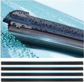 Black windshield wiper blade strips set, four pieces with rubber edge and water droplets