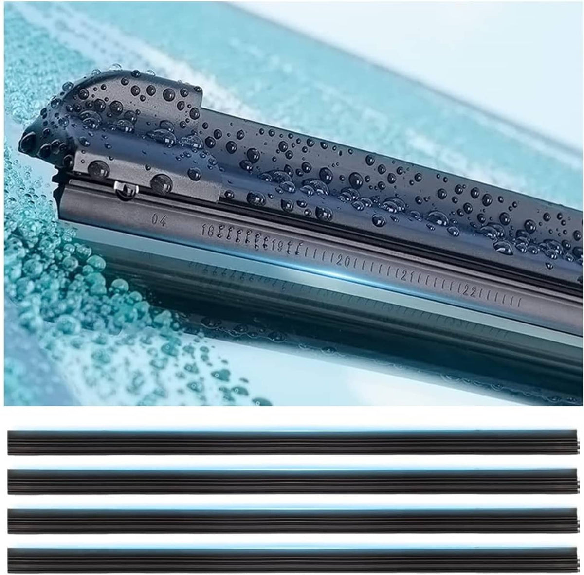 Black windshield wiper blade strips set, four pieces with rubber edge and water droplets