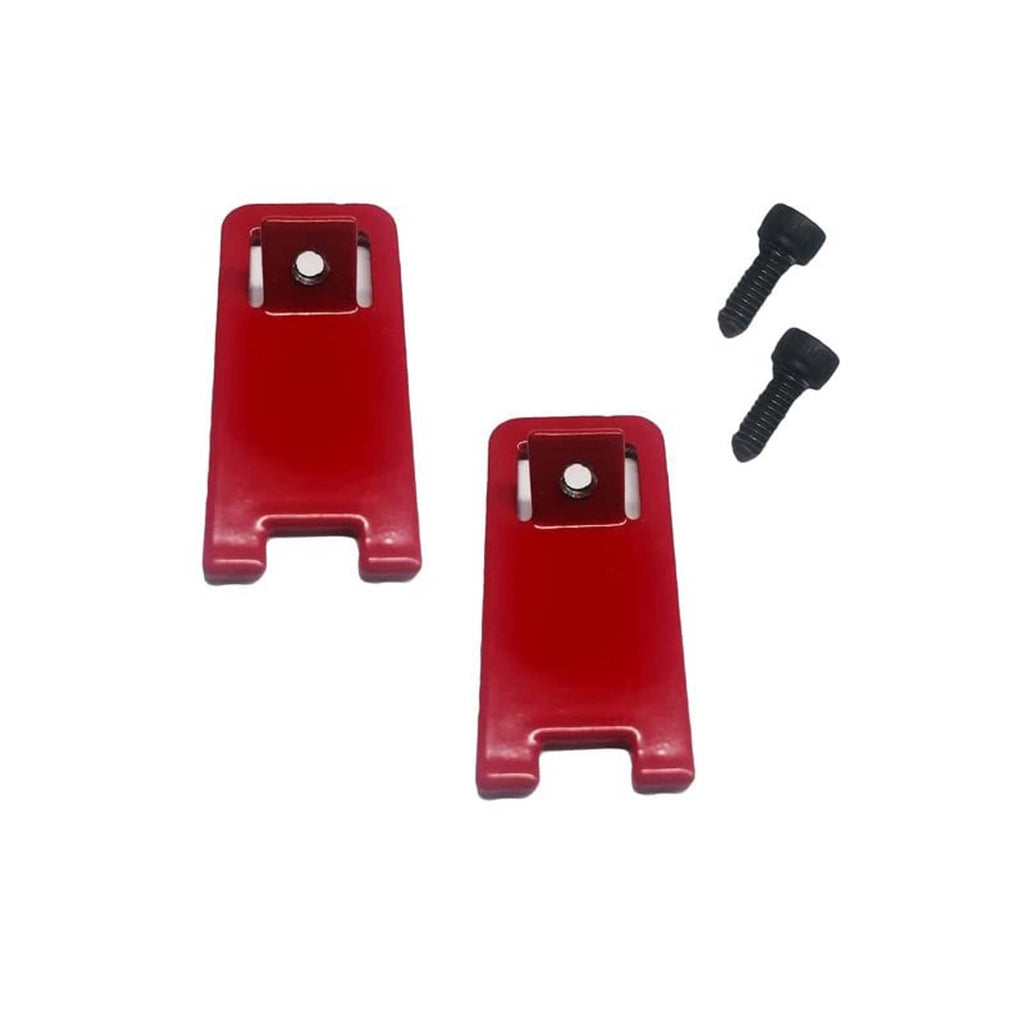 Two red fire alarm lockout tags with mounting screws and black hardware