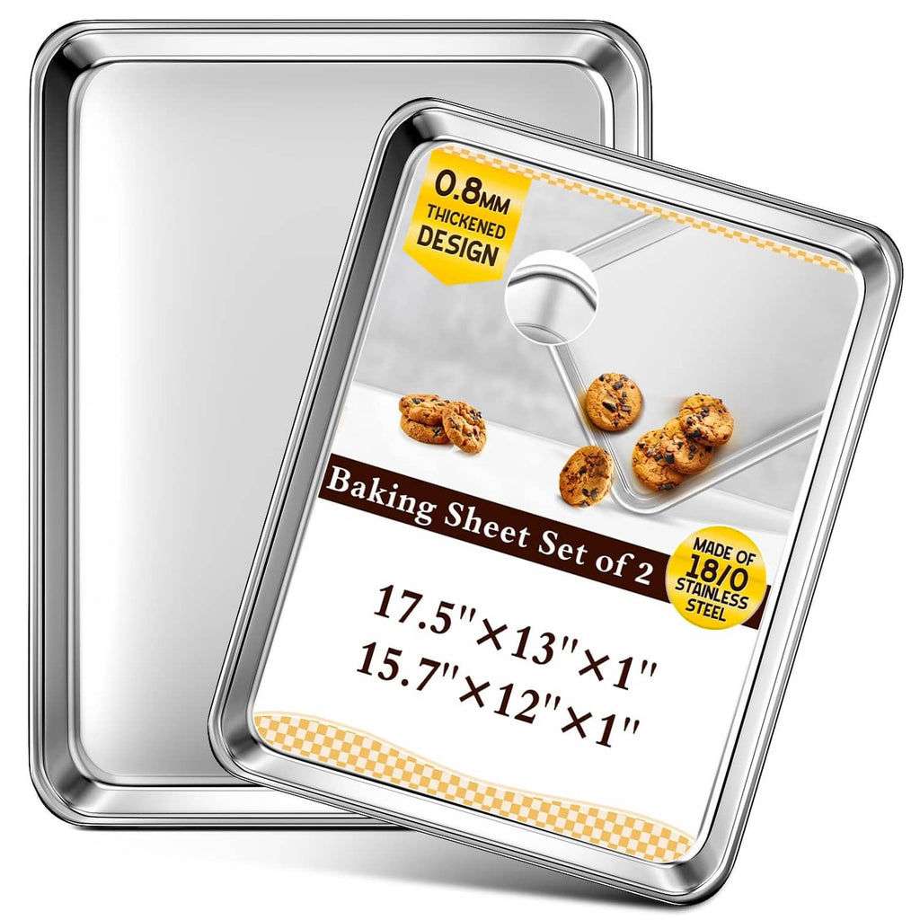 Set of 2 silver stainless steel baking sheets with rolled edges, stackable
