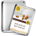 Set of 2 silver stainless steel baking sheets with rolled edges, stackable