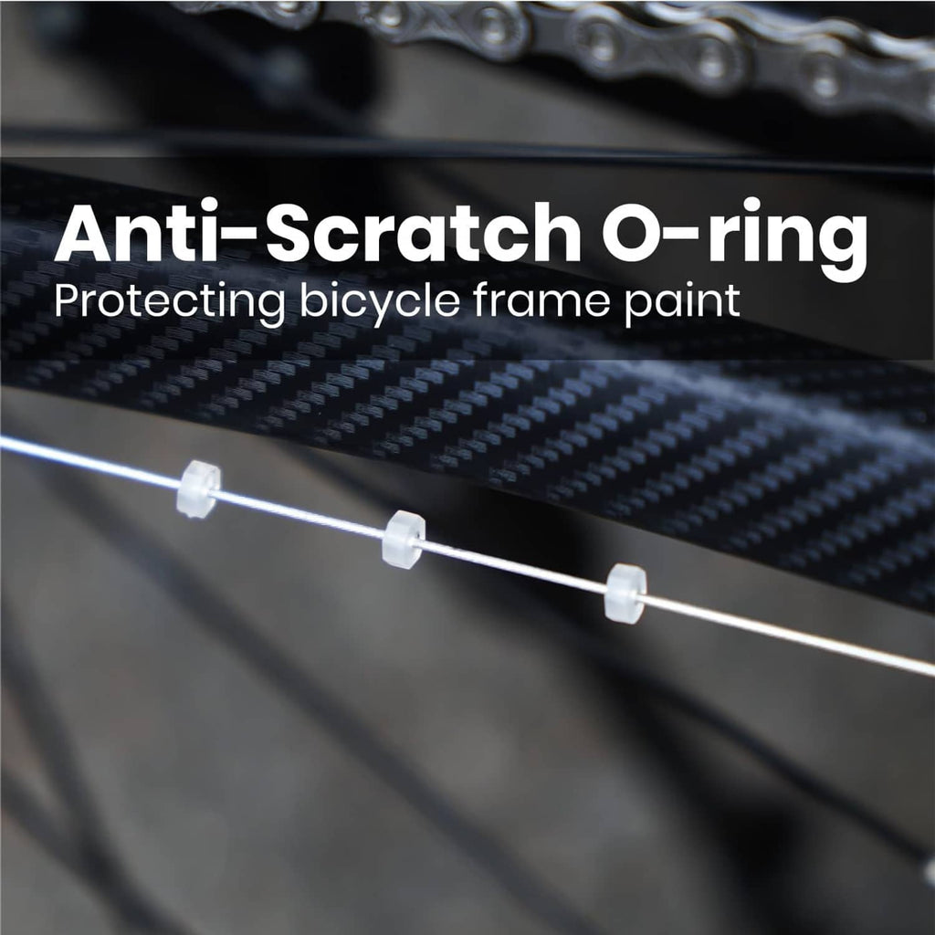 Anti-scratch cable o-rings with white sleeves to protect bike frame paint