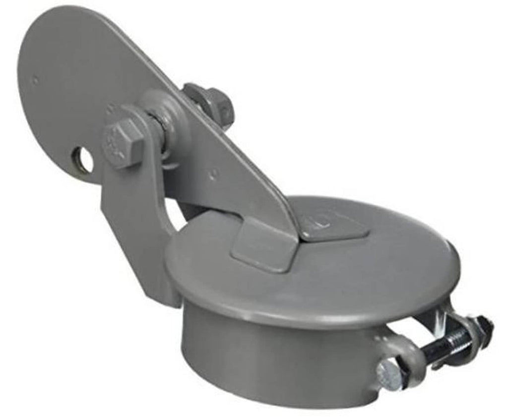 Gray exhaust pipe rain cap with 3-inch inlet, mounting bracket and clamp hardware