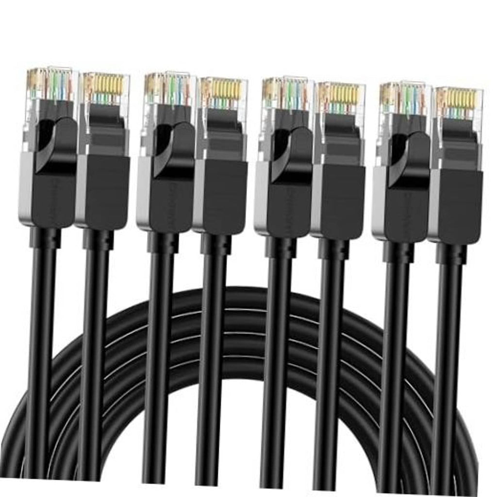 Black Cat6 Ethernet cables with four RJ45 connectors, bundled together