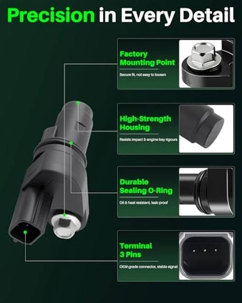 Crankshaft position sensor with precision design: mounting point, housing, O-ring, 3 pins