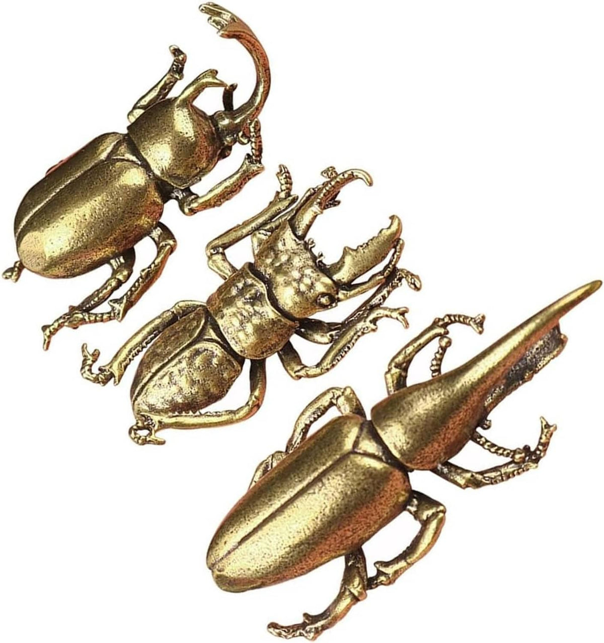 Miniature brass beetle ornament set, multiple insects with sculpted legs and wings