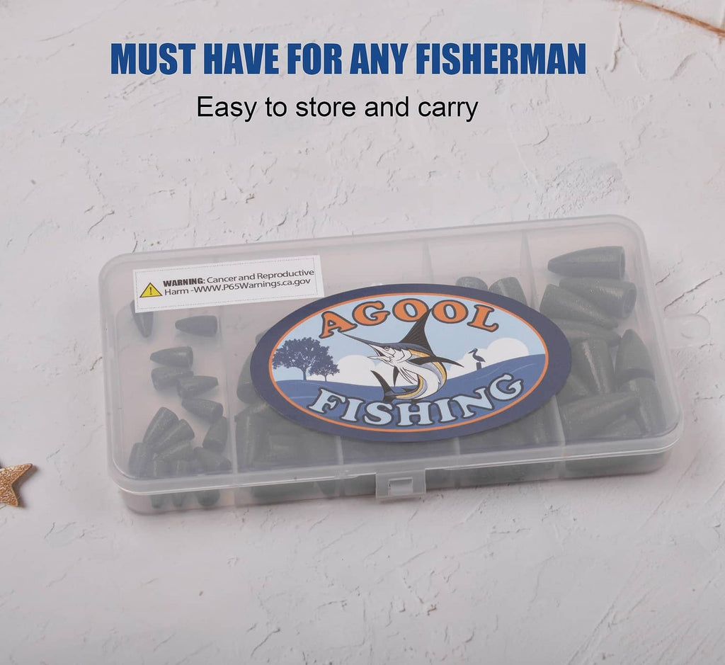 Clear tackle box filled with dark green bullet fishing sinkers.