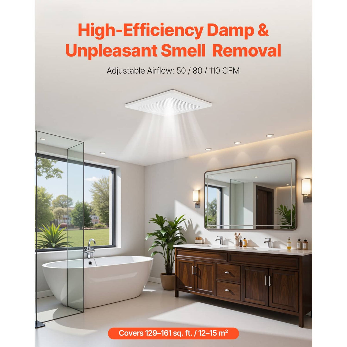 Bathroom ventilation fan with white ceiling grille, centered mounted unit