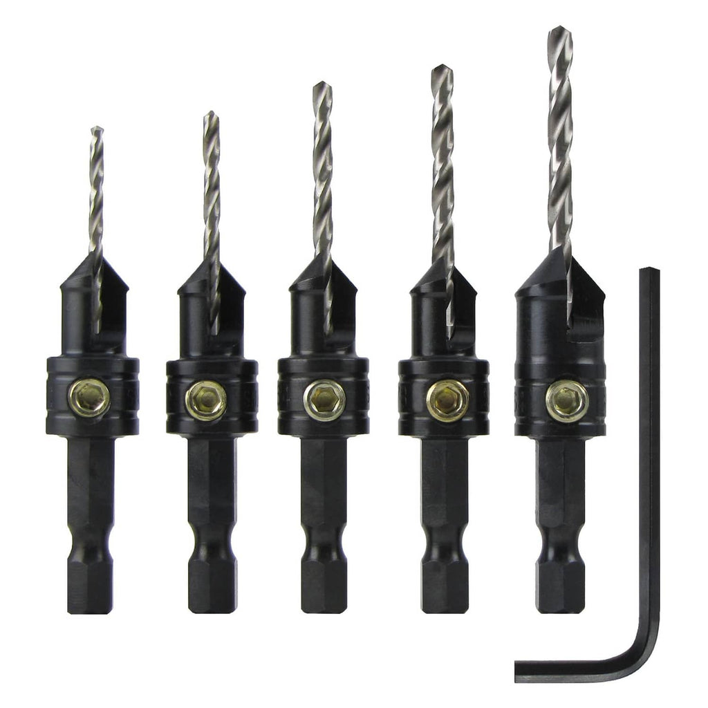 Quick-change countersink drill bit set with 5 bits and hex key