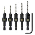 Quick-change countersink drill bit set with 5 bits and hex key