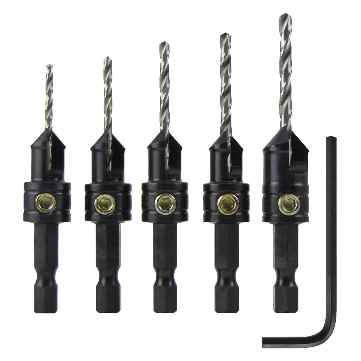 Quick-change countersink drill bit set with 5 bits and hex key