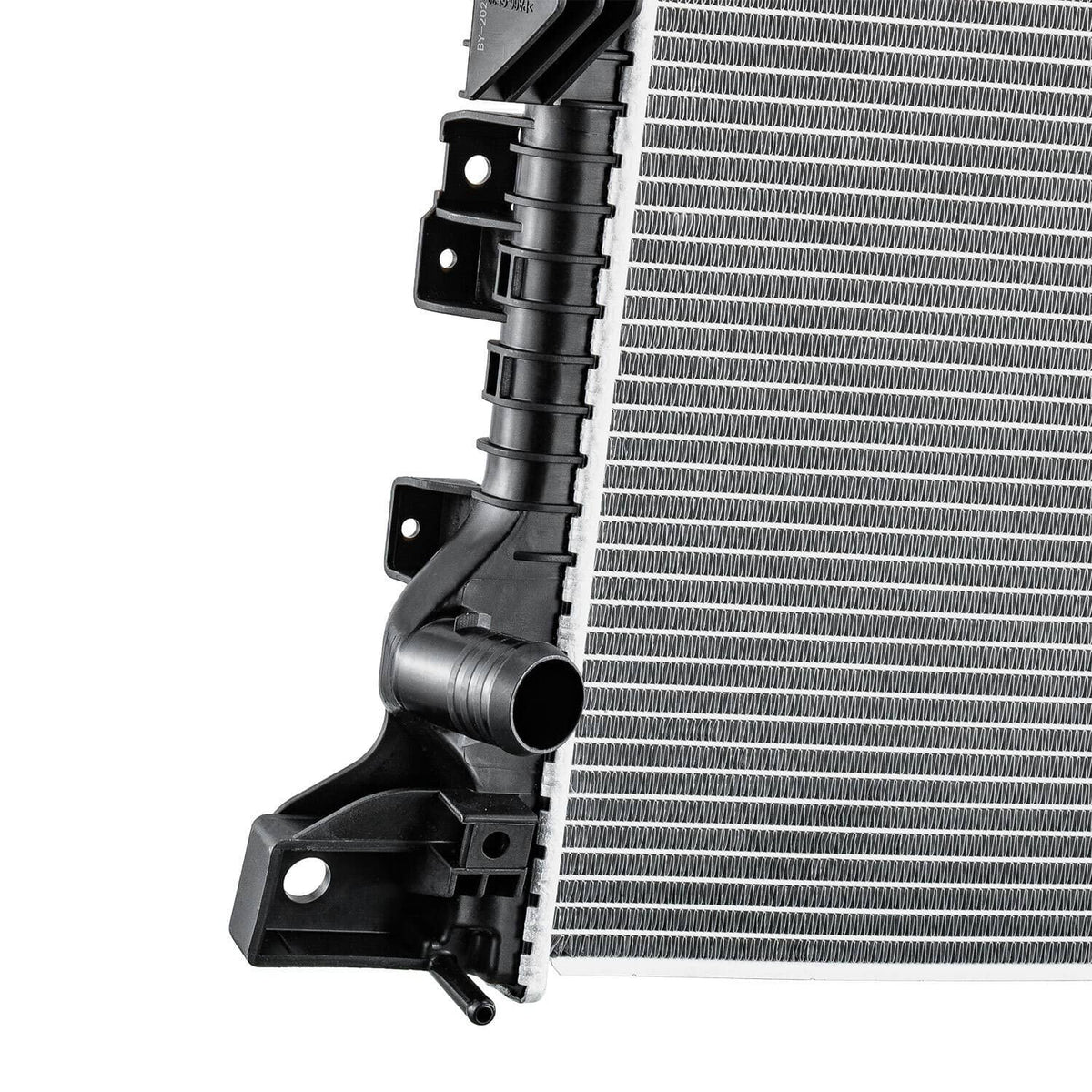 Automotive radiator side detail with black hoses, connectors, and silver fin core