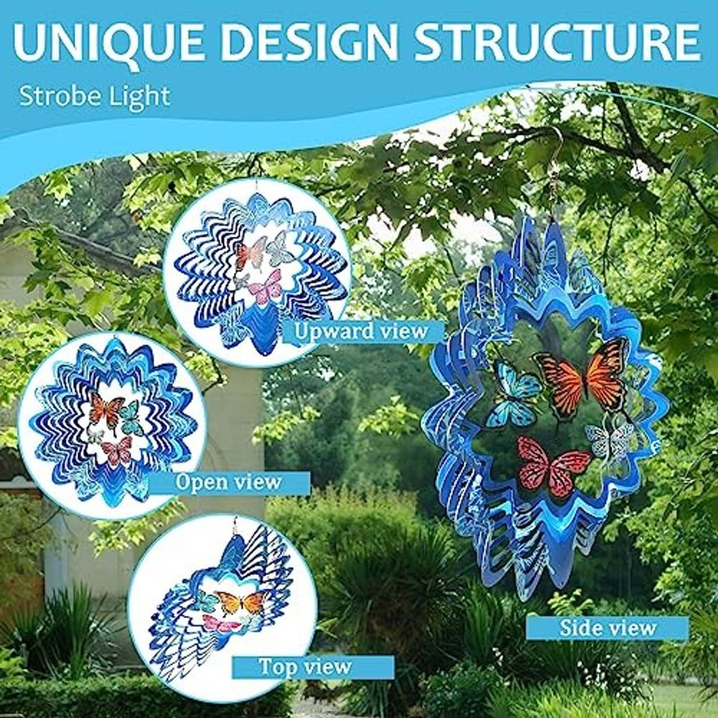 Blue 3D butterfly wind spinner with layered stainless-steel blades and multicolor butterfly details