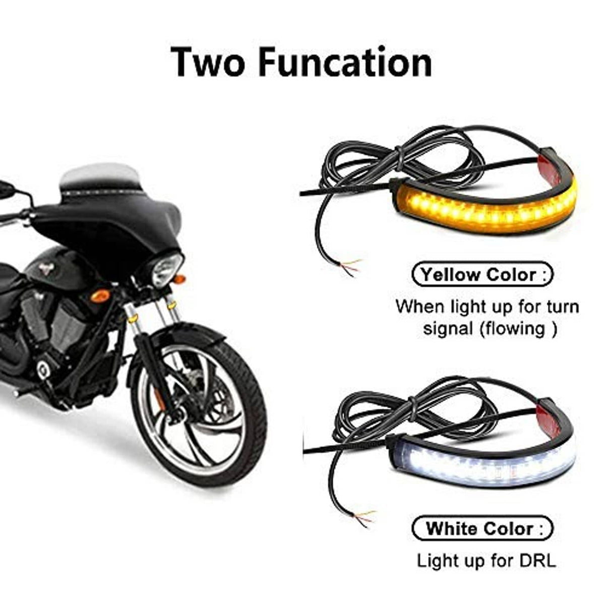 Dual-function LED fork turn signals showing amber turn and white DRL operation on bars